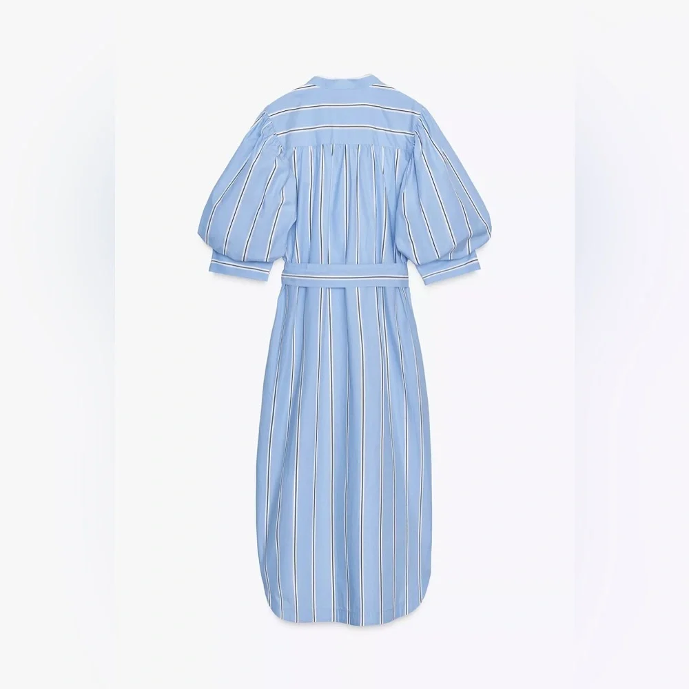 Zara ZW Blue Striped Belted Shirt Dress Puff Sleeves 100% Cotton Buttons NWT XS - Picture 8 of 15